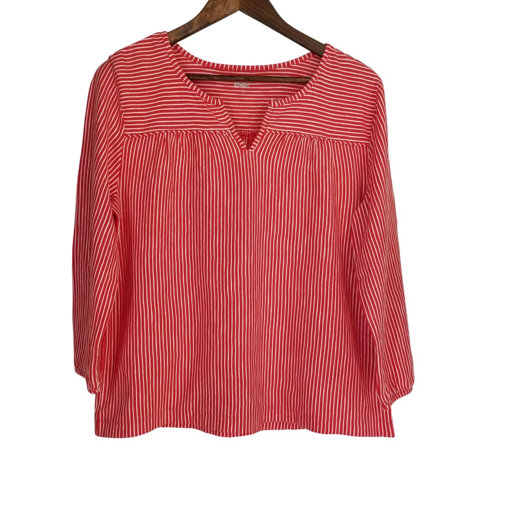 Lands End Womens Tomato Red White Striped Split Neck Cotton Top 3/4 Sleeve S 6-8